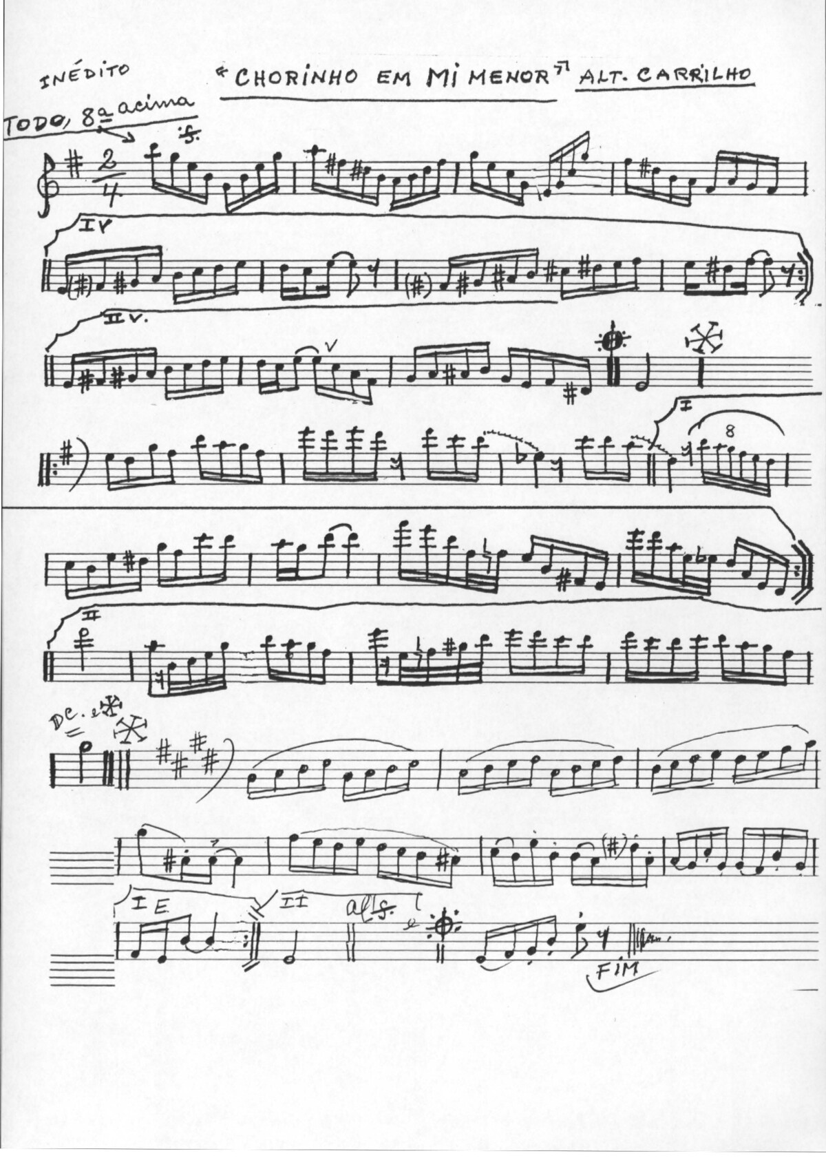 Handwritten score of Chorinho em Mi menor by Altamiro Carrilho