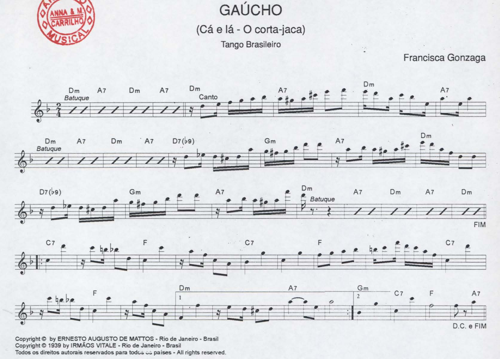 Lead sheet of Corta-jaca with chord symbols